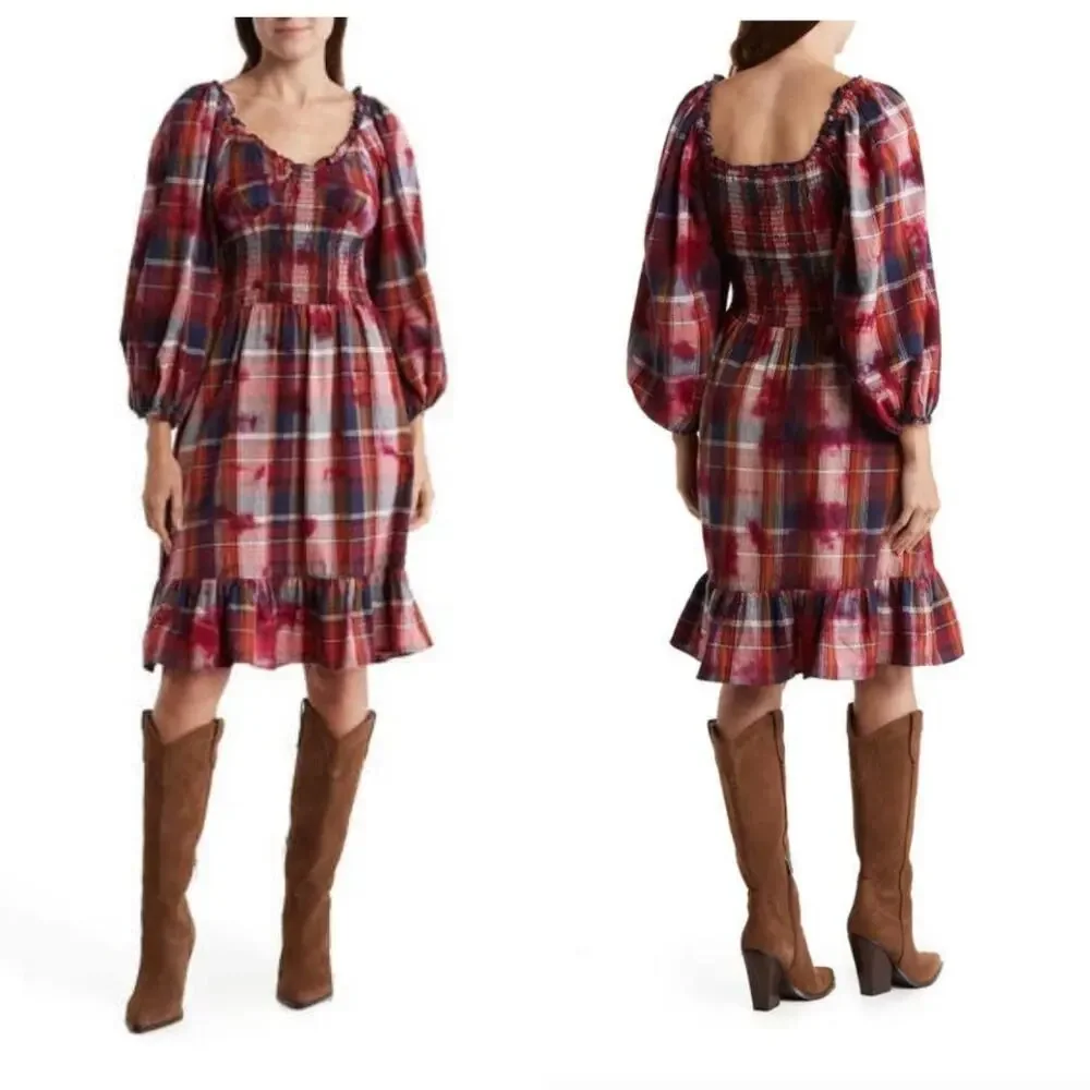 Angie Plaid Flannel Long Sleeve Dress Ruffle Hem Bleach Effect Size S Smocked